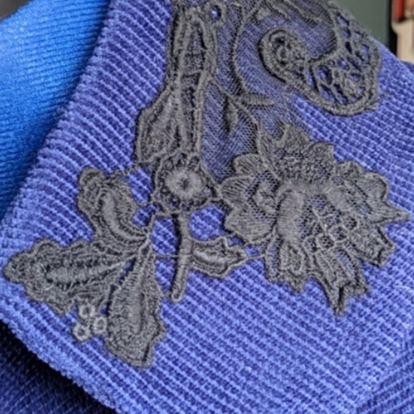 Anthropologie Elevenses Blue Corduroy Embroidered Cropped Jacket 8 - Picture 7 of 11